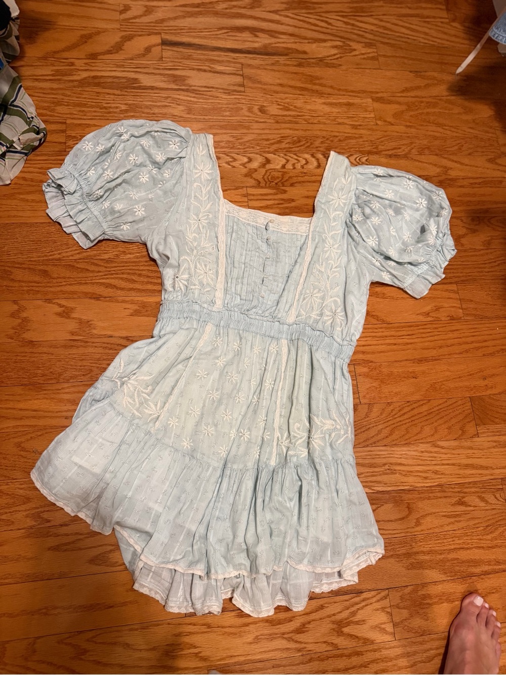LoveShackFancy Tomasina Pale Blue Embroidered Puff-Sleeve Mini Dress